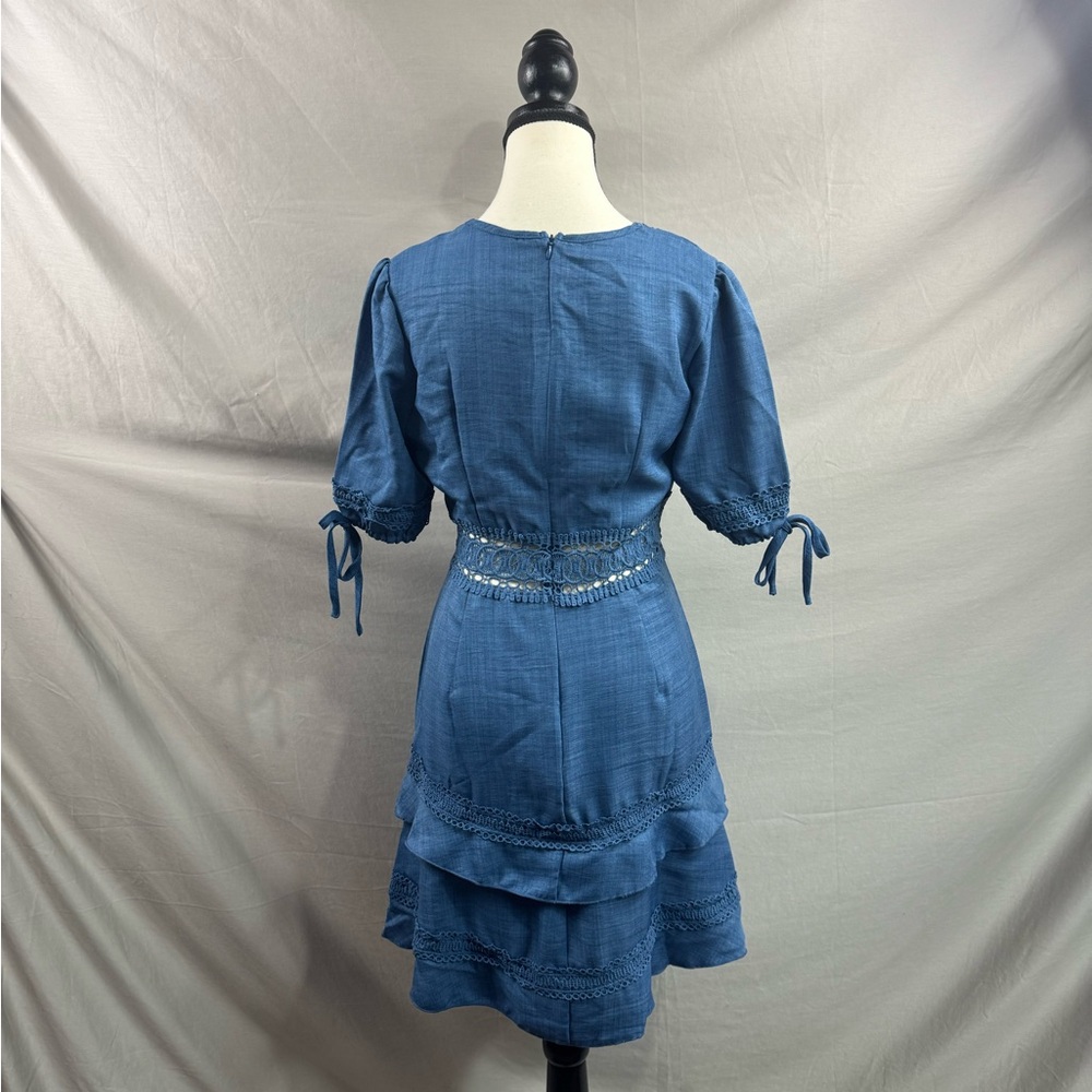 Lace Insert Trim Puff Sleeve Mini Dress Blue - Picture 9 of 9